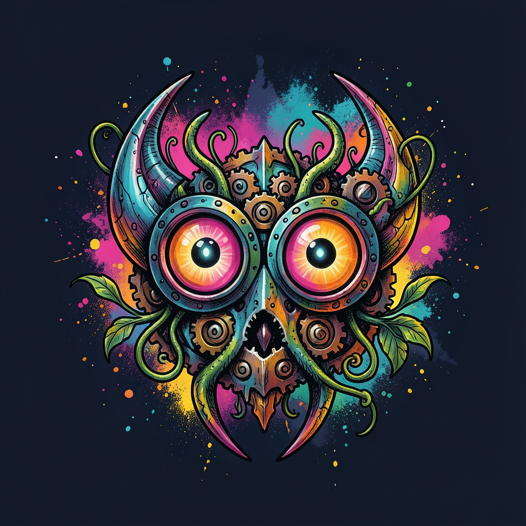 A vivid symmetrical guardian with large circular eyes, curved horn-like forms, leaves, and coral, cyan, amber, and green details.