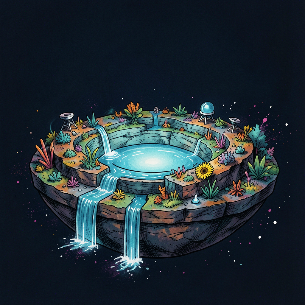 A colorful floating garden island surrounding a luminous turquoise pool and waterfalls against a dark sky.