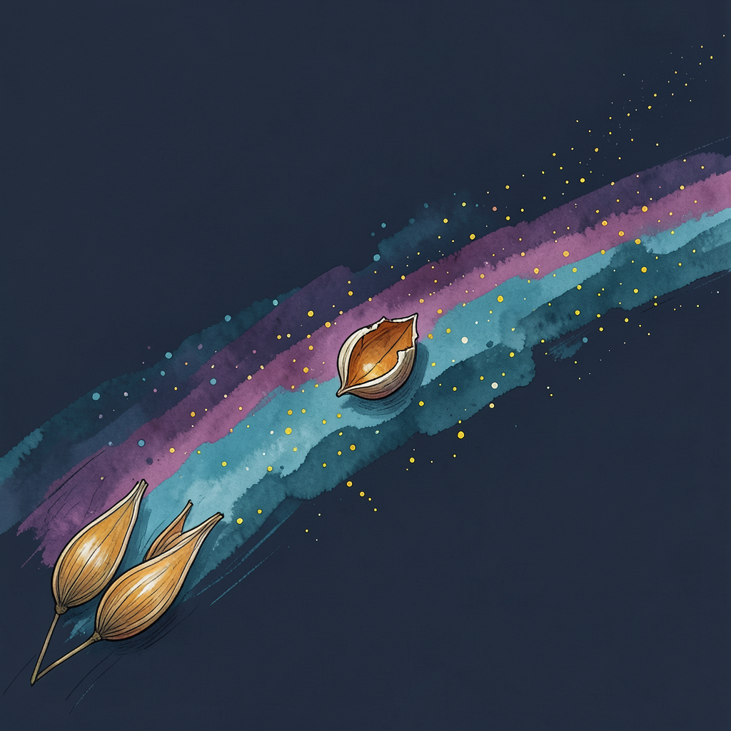 Luminous organic forms and colorful trails moving diagonally through a deep navy space.